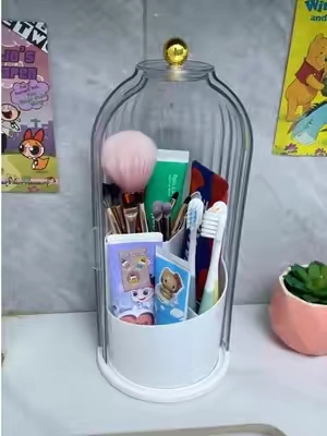 Rotating transparent makeup brush organizer with lid, also can be used to store toothbrushes. #makeup #brushholder #bathroomorganization #tiktokshopstockup  #HomeOrganization