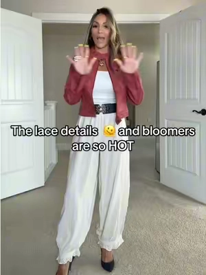 Lace linen bloomer pants. These are so hot this season 🫰🫰 they’re comfortable, breathable, and soft feminine with the lace. Remember to air dry these with no heat. They’re linen 💕 so cute 