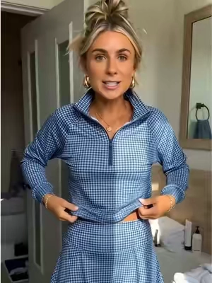 Getting ready in this gingham two-piece! It looks so expensive for a quick everyday fit 💙#fall #2pieceset #skortoutfit #ginghamset #affordablefashion 