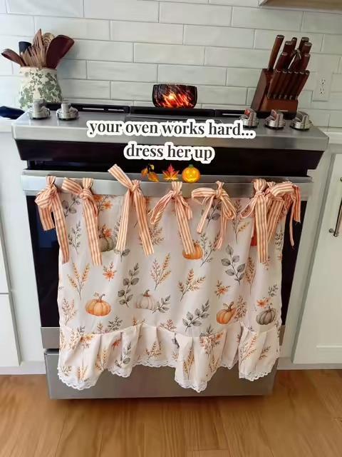 Oven skirt, but make it fall! 🎃 Dress up your oven with this gorgeous fall pattern, complete with lace trim! 😍 #falldecor #ovenskirt #kitchendecor #cottagecoreaesthetic 