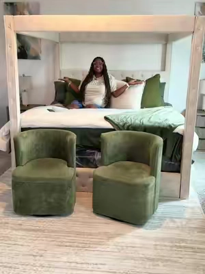 Replying to @Emily Scott +1  Baby I can see JUST fine 😂📺 #canopybed #bedframe #bedroomfurniture #kingsizebed  #bedroommakeover 