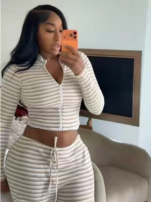 TIMEOFF Women's 2-Piece Striped Long Sleeve Outfit - Mock Neck Full Zip Cropped Top & Drawstring Wide Leg Pants, Ribbed Comfortable Fabric, Side Slash Pockets, Loose Adjustable Size, Stylish Loungewear/Casual Women's Clothes (2 Piece Sets, Striped Style)