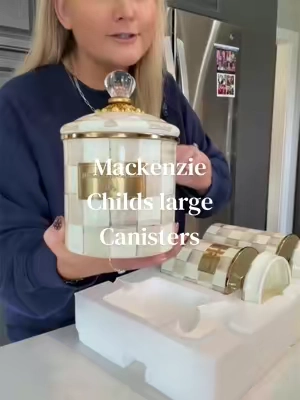 Set of 3 large Mackenzie Child’s Canisters in so many colors!  #mackenziechilds #canisterset #kitchenfinds #homedecorfinds #kitchenstorage 