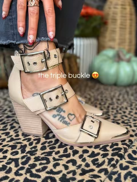 The buckles + pointed toe make them look expensive. Definitely not your basic beige heel. #fallstyle #highheels #beigeheels #womensheels #falloutfits @Wild Oak Boutique 