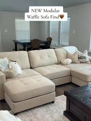 The NEW waffle modular couch might be my favorite😍 This is the GOSUHI U-shaped modular sofa in Waffle Camel and the neutral color is SO pretty. Deep seats, a high backrest, movable modular ottomans and multiple configurations so you can style it as a U-shaped couch, L-shaped sectional or oversized lounge setup. Such a cozy family room couch if you love that soft cloud couch look with a little more texture🤎 @GOSUHI Furniture  #modularcouch #modularsofa #sectionalsofa #livingroominspo #tiktokshopfinds  