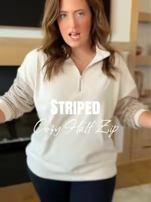 Silky soft fleece half zip striped pullover @SHEWIN #halfzip #falloutfitinspo #falldealsforyou #stripedsweater #falloutfits 