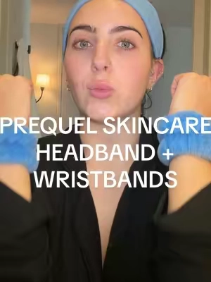 skincare headband with a build in hair tie- GAME. CHANGER!!! Also comes with the wrist bands 🫧  @Prequel  #prequel #prequelskin #skincareheadband #wristbands #skincarehack 