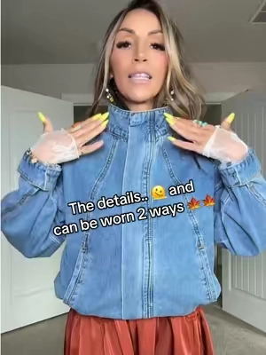 This jacket is EVERYTHING 😍 The stand collar gives it that elevated, structured look, but the drawstring hem lets you cinch it in and completely change the vibe into the cutest denim bomber. 🍁 Such a fun twist on a classic denim jacket and SO good for fall. 🍂🤎 #DenimJacket #DenimBomber #FallFashion #FallOutfitIdeas #fashionover40 