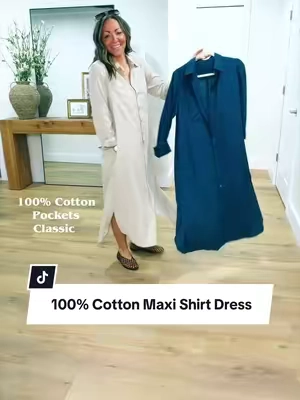 Timeless. Easy to style. Forgiving 🤌🏼 I’m 5’2” 130 in a Small #shirtdress #dresswithpockets #cottondress #modestfashion #maxidress @CHOUYATOU 