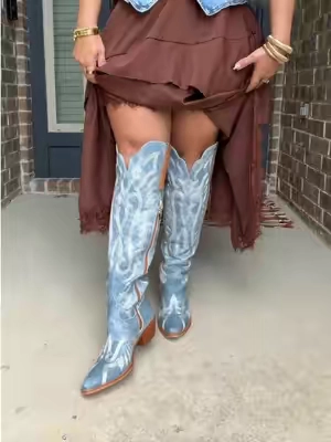 Love the denim look 😍🤠 @erocalli_offical  #denimboots #cowgirlboots #westernfashion #tiktokshopstockup #widecalfboots 