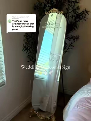 Replying to @scorpsam.ugc obsessed with this standing mirror! Perfect for a wedding welcome sign ✨🕊️🪞 #diybride #weddingwelcomesign #2026wedding #standingmirroe #2027bride 