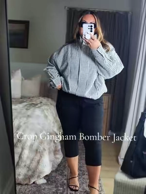 Please stop buying these so I can size down 🤣 @Buenoble  #bomberjacket #cropjacket  #plaidjacket #fallstyleinspo  #midsizefashion 