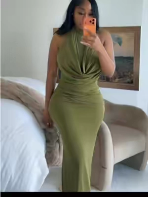 Curvysweet Claire Women’s Fitted Sleeveless Acrylic Knit Halter Neck Mesh Backless Below-Ankle Maxi Dress - Elegant Evening Gown, Draped, Ruched, Basic Knot Tie, A Type Formal #WeddingGuest #wedding #gown 