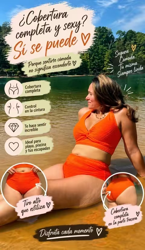 Cobertura completa sin sacrificar lo sexy. 🧡👙 Cómodo, favorecedor y perfecto para disfrutar el verano sintiéndote segura y bella. ☀️🌊 #Swimsuit #HighWaistedBikini #FullCoverage #Swimwear 