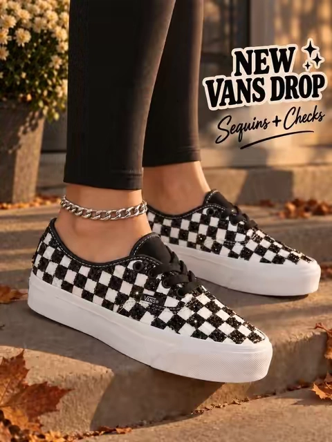 The classic Vans checkerboard just got a sequin upgrade! These platform low-tops are the perfect mix of edgy, cute, and sparkly. On sale now—don’t wait on these! 🏁✨ @vans  #sneakers #sequinshoes #checkeredvans 