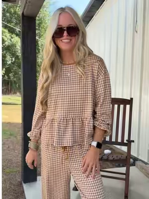A cutie set that feels like pjs>>> This one is adorable for fall! So stretchy and comfortable! #tiktokshopcreatorpicks #tiktokshopstockup #fallootd #fallset #ginghamset 