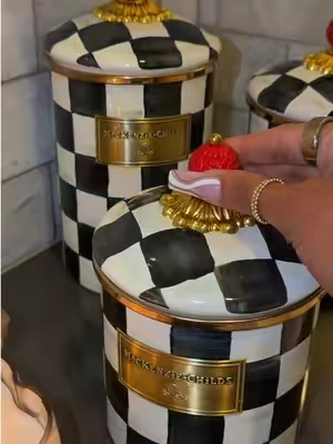 These MacKenzie-Childs canisters belong on display 🖤🤍 #MacKenzieChilds #MacKenzieChildsCanisters #CourtlyCheckDecor #KitchenCounterDecor #EnamelCanisterSet 