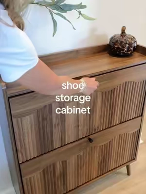Finally got the shoe clutter off my entryway floor 🙌 This slim wooden shoe cabinet keeps everything hidden, organized, and actually looks cute too. #smallspace #organizedhome #storagehacks 