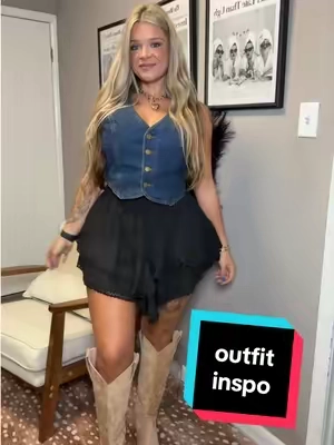 here’s a little outfit inspo🥰🥰🥰 #skort #denimvest #boots #concertoutfit #outfitinspo