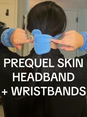a skincare headband with a built in hair tie- UNREAL!! @Prequel  #prequel #prequelskin #skincareheadband #skincarehack #affordableskincare 