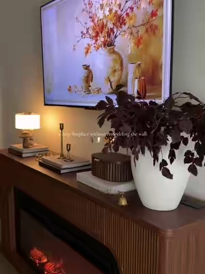 the perfect fireplace for a warm vintage home🤎  #tvstand #tvstandwithfireplace #fireplace #cozyhome #homefinds 