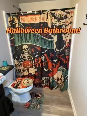 Spooky Halloween bathroom decor! I got this for my 14-year-old grandson’s bathroom and he loves it so much! Perfect for Halloween!!#halloweenbathroom #halloweenshowercurtainset 