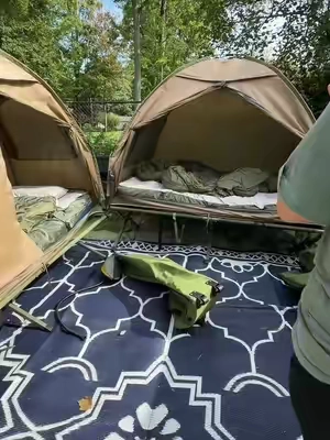 After an entire summer set up in my back yard this is what I love about these foldable cot tents and what I would change. #foldablecottent #glamping #tentcamping #fallcamping #tiktokshopcreatorpicks 