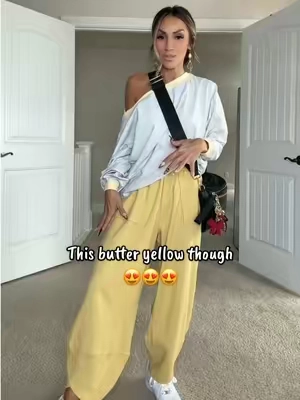 This lounge outfit is giving I want to be comfy but still look put together. 😍 The off-the-shoulder Top paired with the relaxed waffle knit pants is such a cute elevated lounge look. 💕Cozy enough for home, but absolutely cute enough to wear out. And this butter yellow?! 🫰💛 #LoungeSet #TwoPieceSet #ComfyStyle #CasualOutfit #Over40Style 