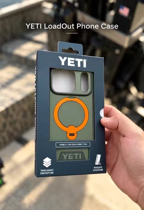 YETI LoadOut Phone Case for iPhone 18 Pro and 17 Pro with extra cushioning, raised edges, and a rotating MagSafe-compatible kickstand. Multiple colors available. #YETI #iPhone18Pro #PhoneCase #MagSafe #EDC