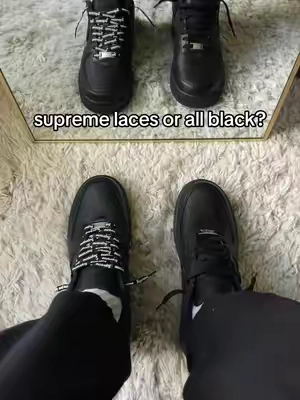 All black supreme air force ones. If you like a snug fit go down a half size. Or I recommend staying true to size with these especially if you have wide feet. #af1 #nike #supreme 