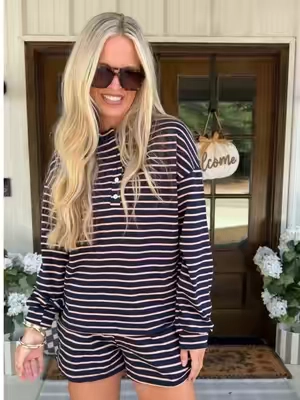 This striped cotton Henley set is PRECIOUS! Obsessed with the fit and French Terry fabric on her!!! #tiktokshopstockup #tiktokshopcreatorpicks #fallootd #fallset #stripedset 