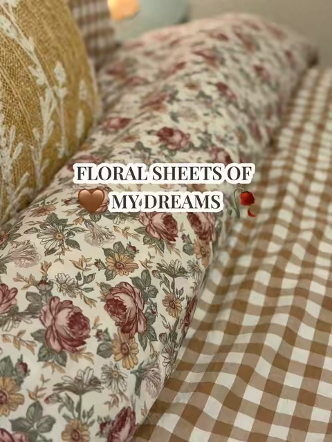 Honestly, the nostalgia these floral sheets give me is real. They totally remind me of my grandmother's bedroom 🥹🥹. Floral sheets mixed with gingham? That's the perfect cozy cottage core bed. 🥀🤎 #floralsheets #cottagecore #grandmasbedroom #cozyvibes #gingham 