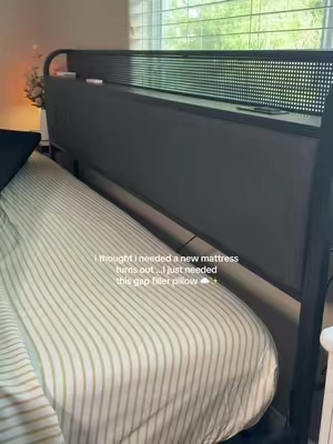 turns out I didn’t need a thicker mattress just needed this . Somehow I’ve been sleeping better too my pillows are not sliding under 😭 #bedroommusthaves #headboardgapfiller #headboardpillow  #mattressgapfiller  #wedgepillow 