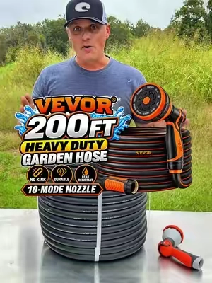 VEVOR 200FT Heavy Duty Garden Hose – 5/8" No-Kink Rubber Water Hose with 10-Mode Spray Nozzle DESCRIPTION: Tackle big watering jobs with this VEVOR 200 ft heavy duty garden hose. The 5/8" flexible rubber hose gives you extended reach for large yards, gardens, farms, barns, workshops, washing vehicles, boats, RVs and outdoor cleanup. Includes a 10-mode spray nozzle for everything from watering plants to rinsing equipment. HASHTAGS: #GardenHose #HeavyDutyHose #WaterHose #LawnAndGarden #VEVOR KEYWORDS: VEVOR garden hose, 200 ft garden hose, heavy duty garden hose, 5/8 garden hose, no kink water hose, flexible water hose, long garden hose, 10 mode spray nozzle, farm water hose, yard hose, garden watering hose, outdoor water hose, boat wash hose, RV water hose, vehicle washing hose, lawn care, garden tools PRODUCT NAME: 200FT Heavy Duty Hose