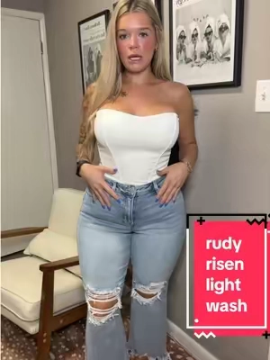 these rudy risen light wash jeans are a must have!! #rudyrisenjeans #lightwash #bluejeans #stretchy #distressedjeans 