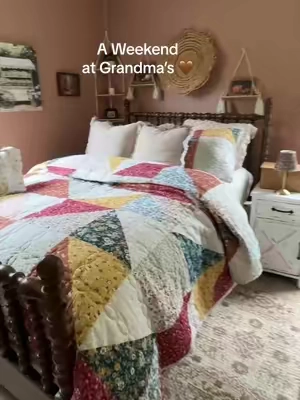 sleeping under the prettiest quilts. 🥹🤎 Some things just feel like Grandma’s house. #bedding #grandmacore #cozybedroom #quiltset #cozyhome 