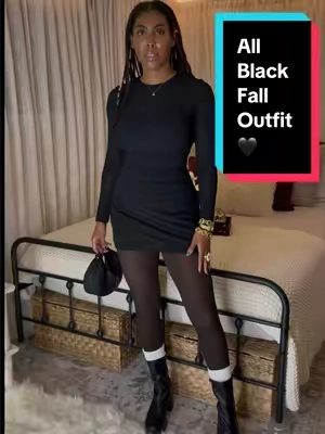 Proof an all black outfit doesn’t have to be boring. 🖤 #fallfashioninspo #winteroutfit #miniskirt #fleecelinedtights #tallgirlfashion 