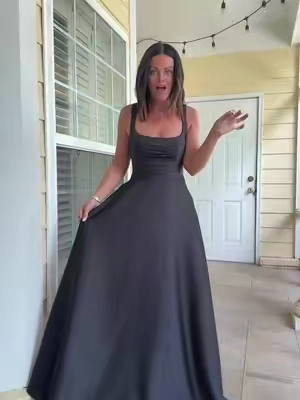Satin, formal, A-line gown. Corsett tie in back, grip on straps, ruching on bust, has pockets. A show-stopping, stunning dress. True to size. 5'3 + 3" heel, size 4, wearing a 4. #formaldress #formalgown #motherofthebride #weddingguestdress #galadress  