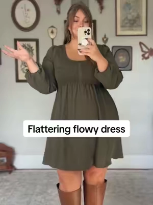 Literally sooooo cute, so comfy and SO FLATTERING #thanksgivingoutfit #flowydress #falldress #fallfashion #plussizefashion 