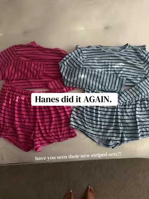 seriously the it girl two piece set right now and it legit is so breathable it doesn’t even feel like you’re wearing clothes ✨ obsessed. #hanes #twopieceset #loungewear #stripedset 