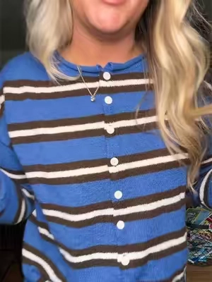 The perfect lightweight sweater 💙🤍 Thin, comfy, and SO easy to layer! This blue striped one is such a cute everyday staple for fall 🍂 #FallOutfit #FallFashion #StripedSweater #CasualStyle #TikTokShop
