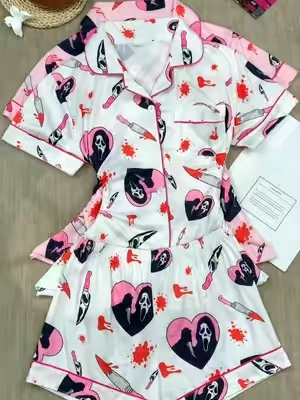 Okay, this is Halloween sleepwear with a gothic twist 🩷🎃 The print makes a simple pajama set feel so much more fun. #Halloween#Pajamas #gothicstyle  #SpookySeason #spotlightfinds 