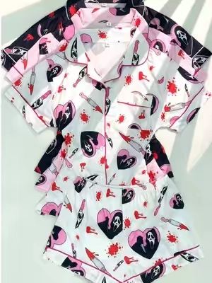 i NEED this for every spooky movie night. 🍿👻🖤 the gothic halloween print makes cozy nights feel extra spooky and cute. 🎃✨ #pajamas #spookyseason #halloweenpajamas #gothicpajamas #growtogether