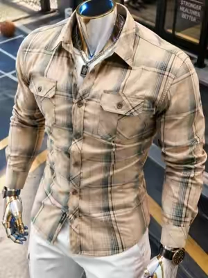 Men’s Turn-Down Collar Plaid Long-Sleeve Casual Shirt - Button-Front, Breathable Fabric, Suitable for Spring-Autumn Everyday Wear, Commuting#tiktokshopmemorialday #DealsforYouDays #mensfashion #fashion #OOTD 