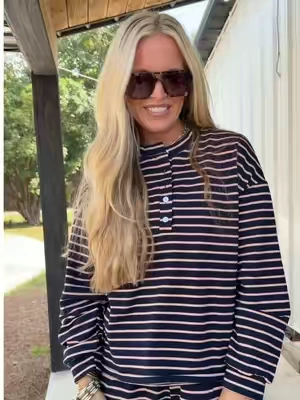 This is such a good look for less set! Love that it’s 100 cotton and so comfortable! The stripes are perfect for fall too! #tiktokshopstockup #tiktokshopcreatorpicks #fallootd #fallset #stripedset 