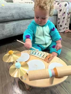 Dakota playing the tunes on her kids drum set! #toddlertoys #babytoys #musicaltoys #woodentoys #finemotorskills 