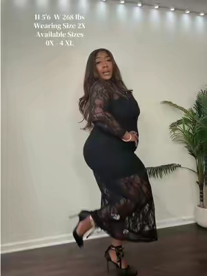 Replying to @Bella Since you all loved the dress, here's how it looks dressed up with some heels. It's super stretchy and a cute lace long-sleeve dress for a date night. Use me as a size reference: I'm 5’6” and 268 lbs, wearing a size 2X. Available sizes are 0X - 4XL. #datenightdress #lacedress #plussizefashion #tiktokshopdress 