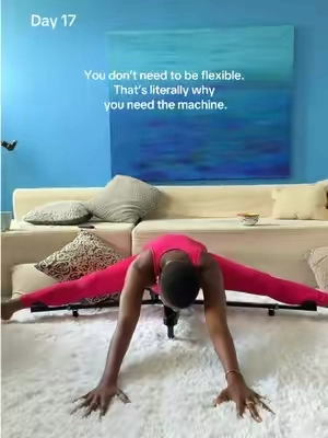 Day 17!!! How many split tutorials have you saved just to stay stiff? 😂 Tap the cart and get this exact machine. Wow it’s my Day 17 and my hips are finally getting the message. #SplitMachine #SplitChallenge #HipFlexibility #FlexibilityTraining #StretchingRoutine 