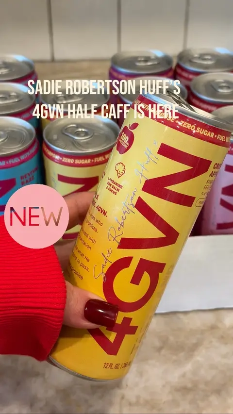 Sadie Robertson Huff’s Half Caff pack has four flavors, 100 mg of natural caffeine per can, zero sugar, and L-theanine.  #4GVN #HalfCaff #EnergyDrink #VarietyPack #sadierobertsonhuff @drink4GVN 