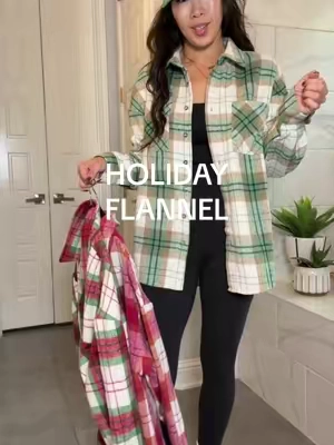 The perfect Christmas plaid flannel shacket 🎄❤️ Cozy enough to wear as a flannel but roomy enough to layer and wear as a lightweight jacket. The festive red & green plaid + pockets make it so cute for holiday outings, Christmas shopping and everyday winter outfits! #christmasflannel #christmasshacket #plaidshacket #plaidflannel #falloutfit 